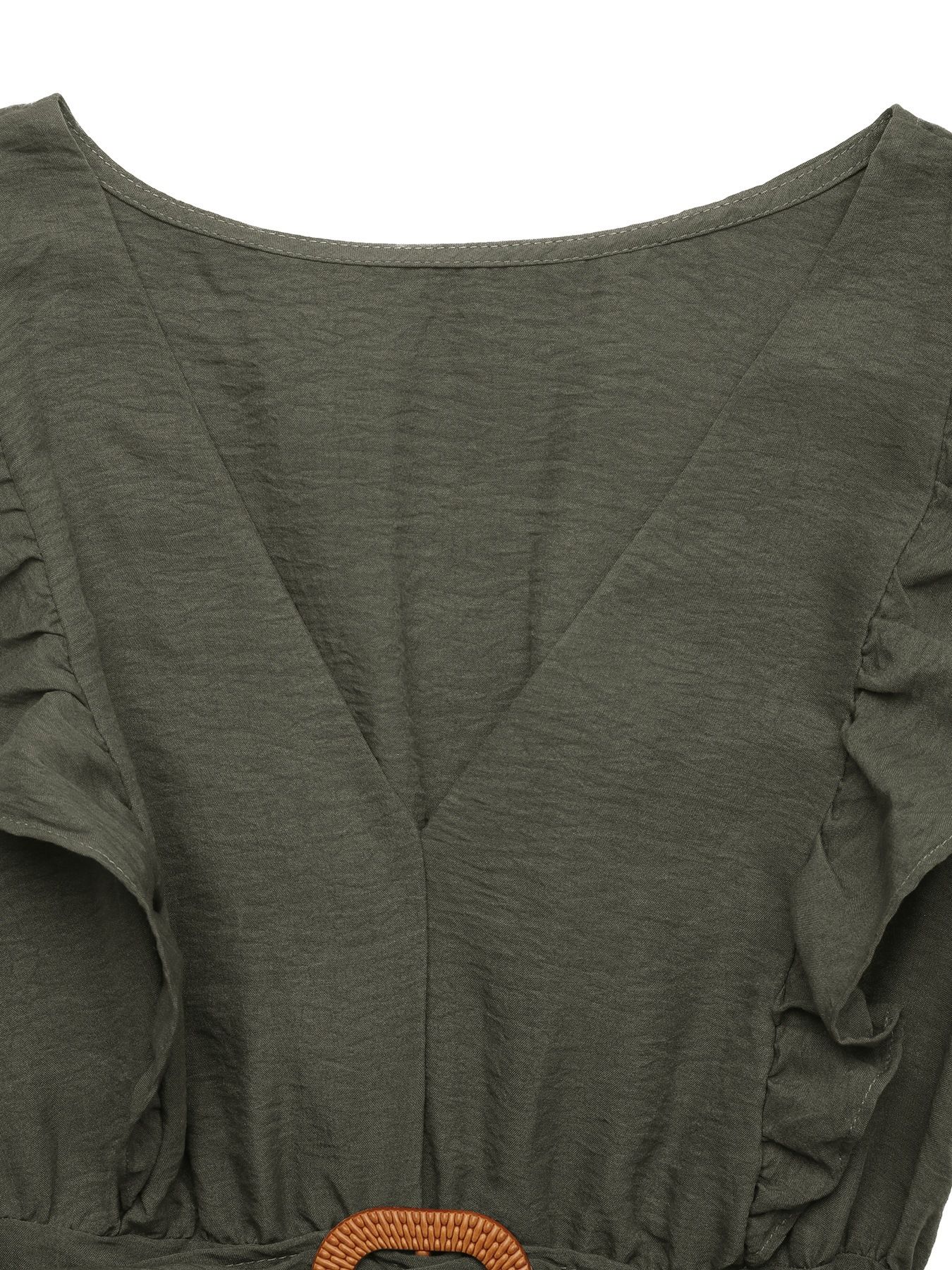 Vestido largo con volantes, escote en V, cinturón y abertura - Verde militar