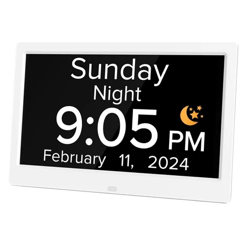 7-Inch Digital Calendar Day Clock for Seniors & Dementia - Extra Large LCD Display, 8 Pill Reminders, Auto-Dimming, 11 Languages, White