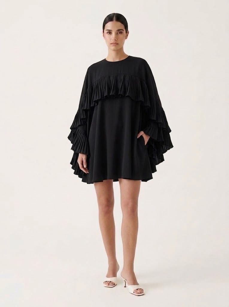 Women's Black Ruffle Cape Mini Dress