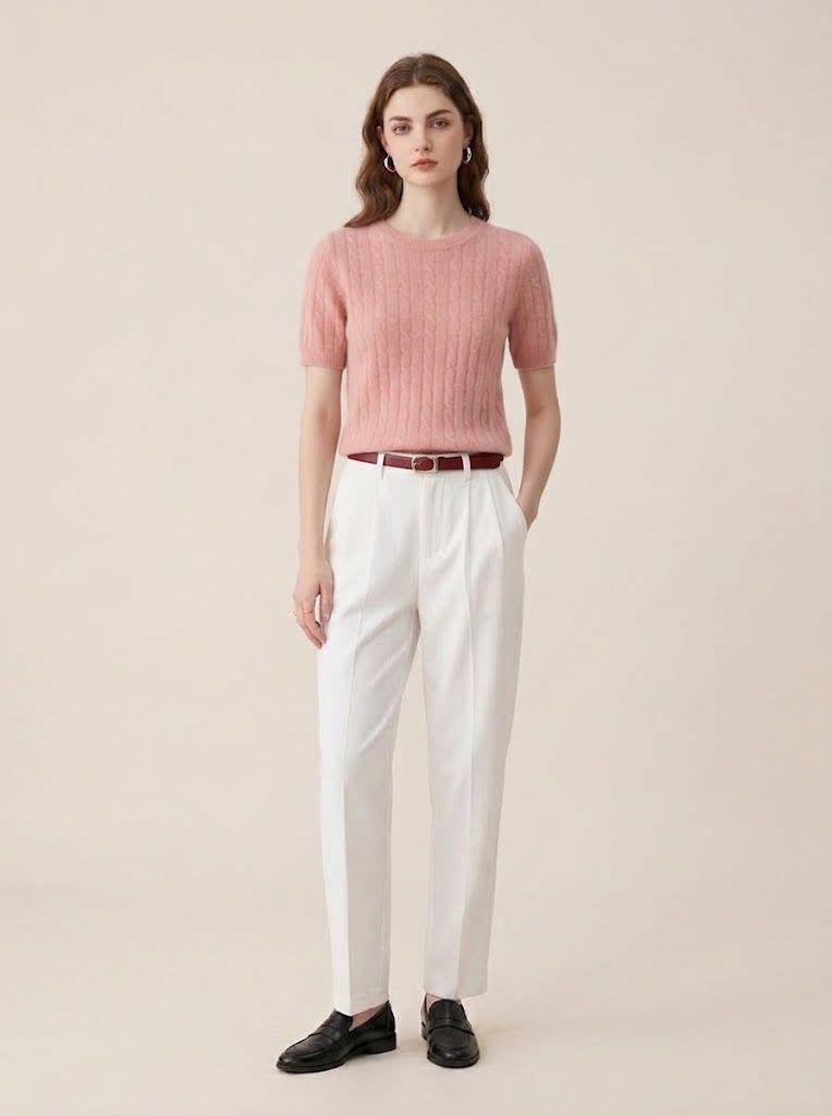 Cashmere Women's Cable Knit Short Sleeve Crewneck Top
