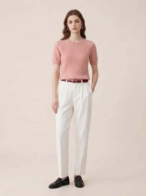 Cashmere Women's Cable Knit Short Sleeve Crewneck Top
