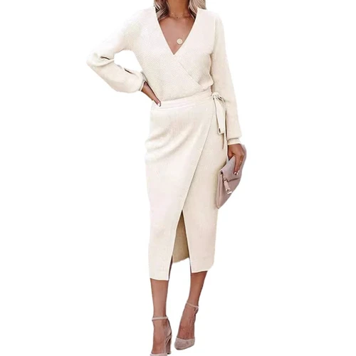 Knit Long Sleeve V-Neck Sweater Dress Fall Winter