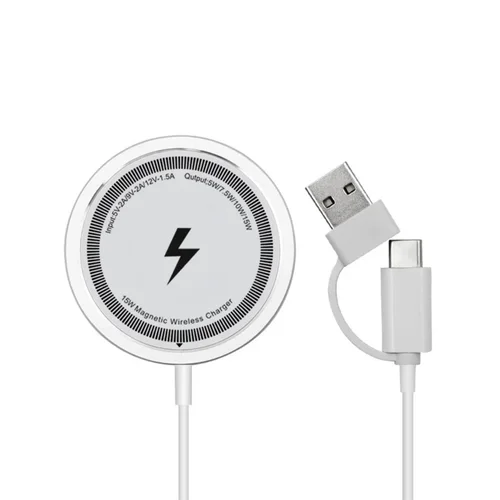 15W Magnetic Wireless Charger with Dual USB-A/C Connector, Ultra-Thin 5.5mm Fast Charging Pad, White/Black