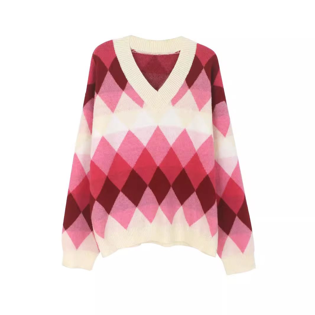 Knit Long Sleeve V-Neck Sweater Color Block Pullover Autumn Winter SSU-00032