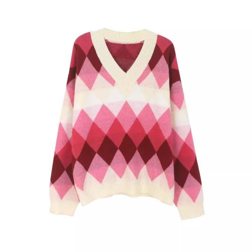 Suéter de punto de manga larga con cuello en V y bloques de color para otoño e invierno SSU-00032