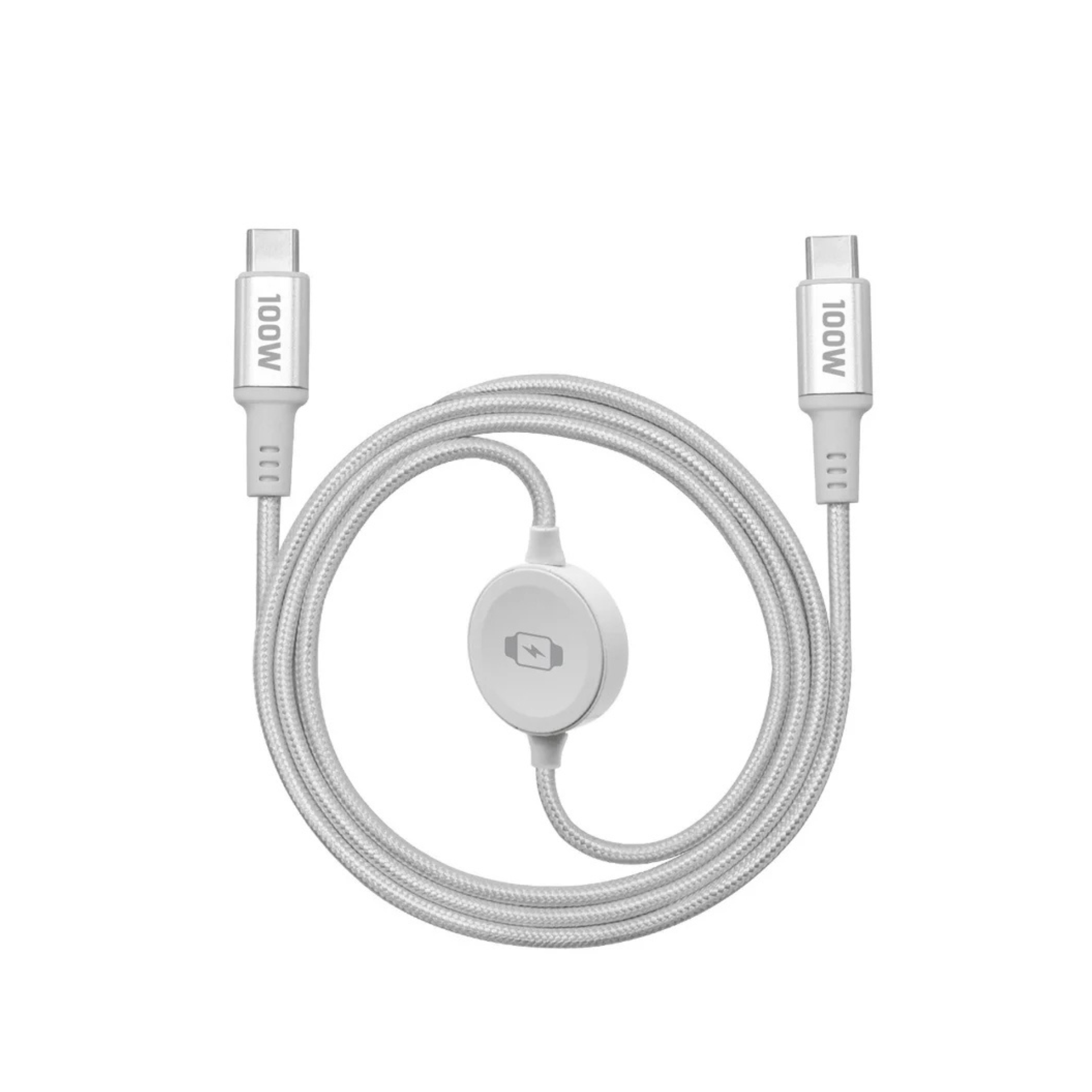 2-in-1 100W Fast Charging Cable for Smartwatch & Phone, USB-C Magnetic Braided Cord, White
