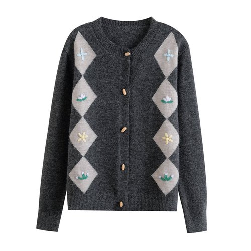 Handmade Diamond Knit Cardigan Sweater KUN-00042