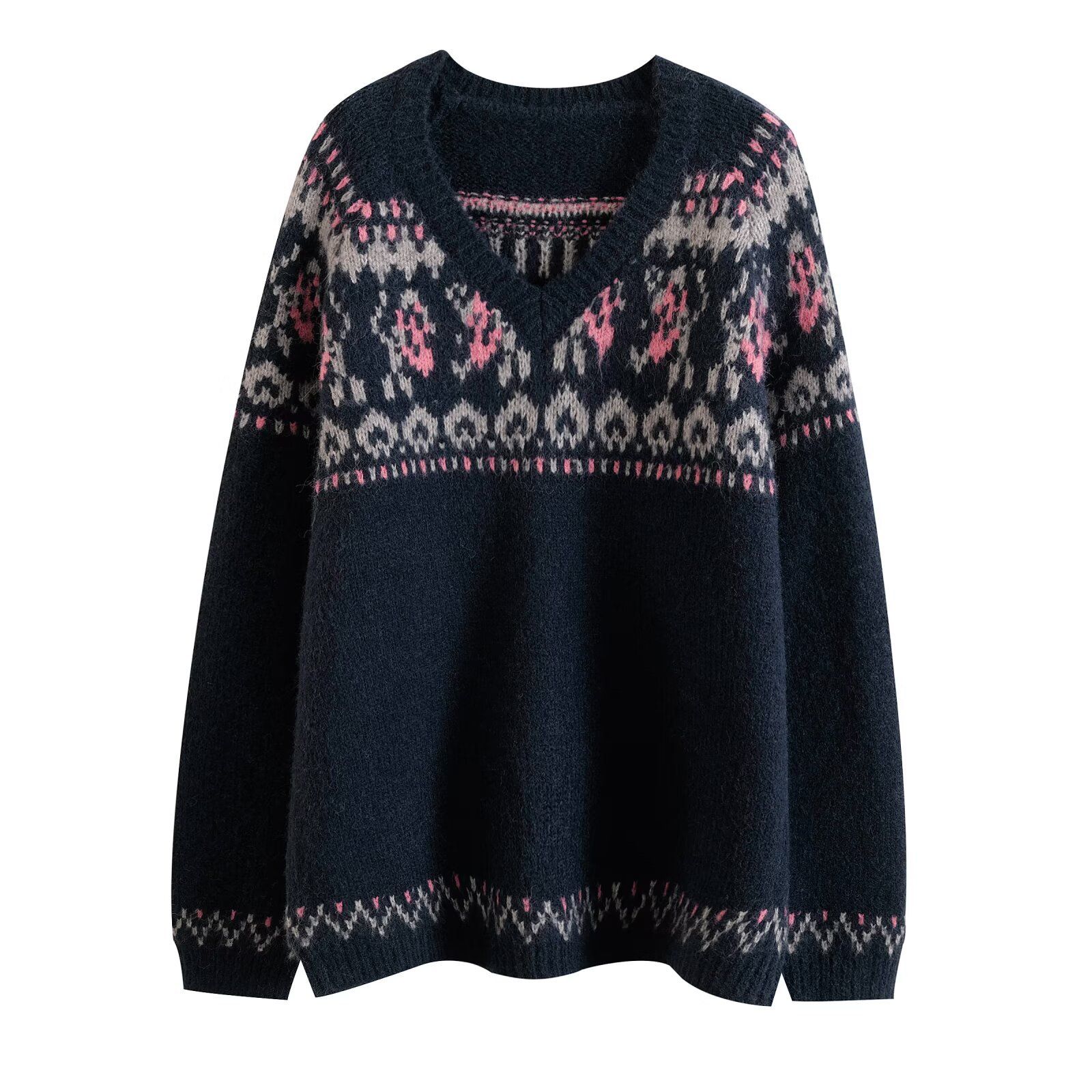 Pull Fair Isle pour femme - Pull tendance à col en V KUN-00050