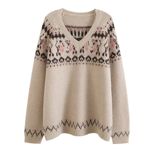 Women's Fair Isle Sweater - Trendy V-Neck Pullover KUN-00050