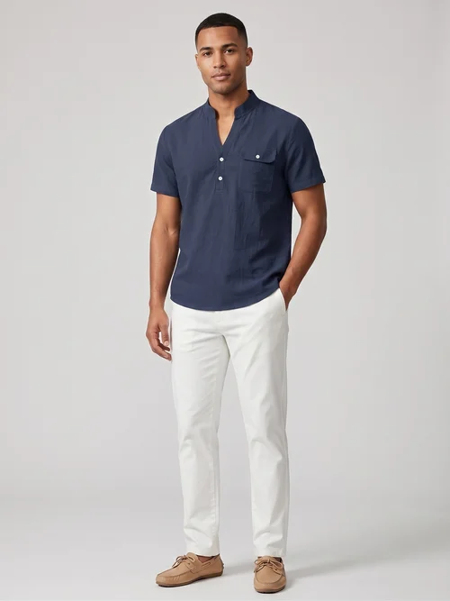 Men's Casual Linen Blend Henley Shirt Short Sleeve