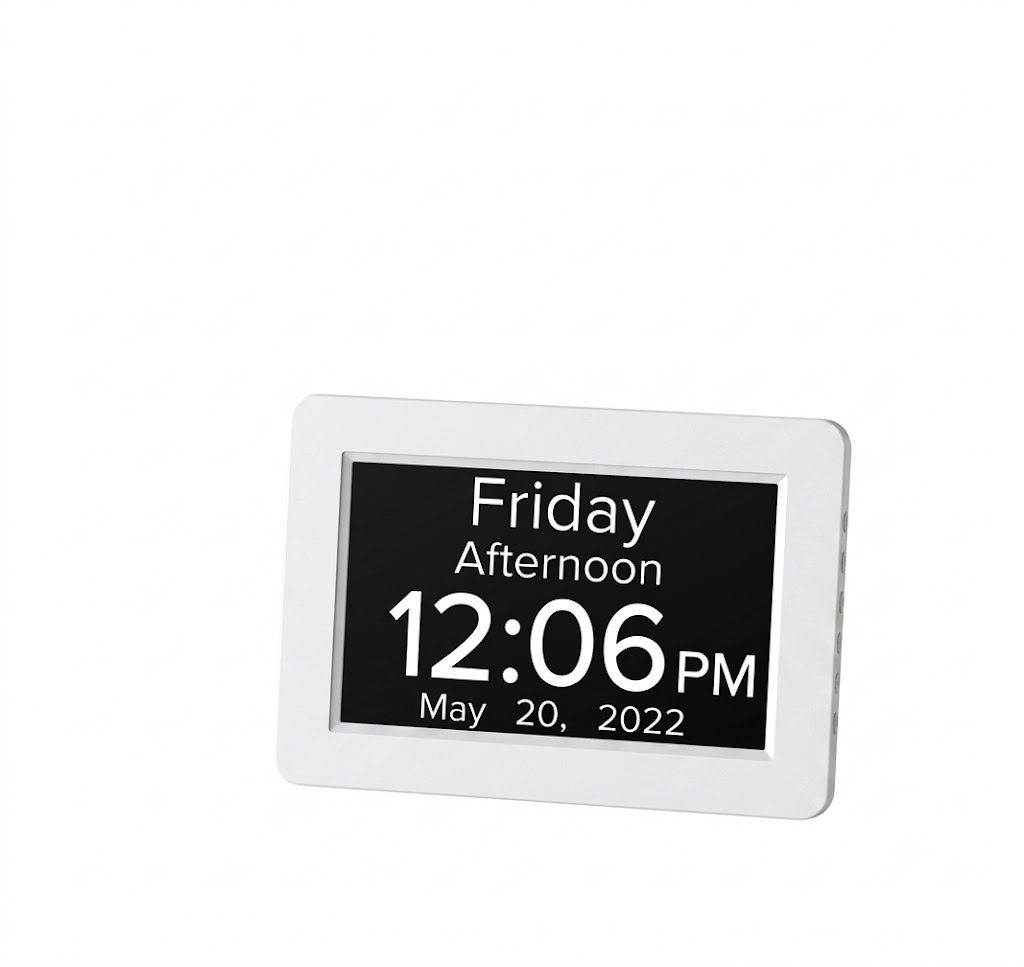 8-Inch Digital Day Clock for Seniors - Extra Large Display with Dementia & Alzheimer's Pill Reminders, Auto-Dimming, Multi-Alarm, Black & White