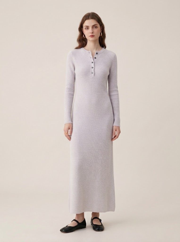 Cashmere Women's Henley Neck Long Sleeve Knit Midi Dress
