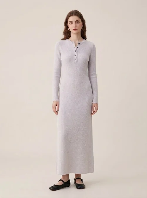 Cashmere Women's Henley Neck Long Sleeve Knit Midi Dress