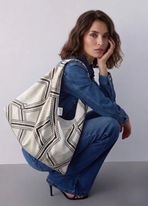 Rope Print Canvas Hobo Bag - Slouchy Shoulder Tote