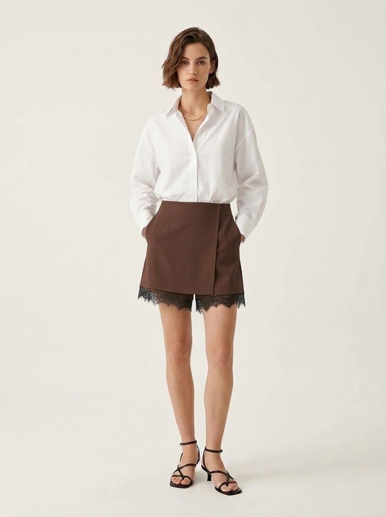 Gonna-pantalone a vita alta con bordo in pizzo