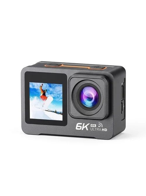 Cámara de acción OurLife 6K a 30 fps, sumergible hasta 30 m, doble pantalla, estabilización EIS, WiFi, ideal para vlogging deportivo.