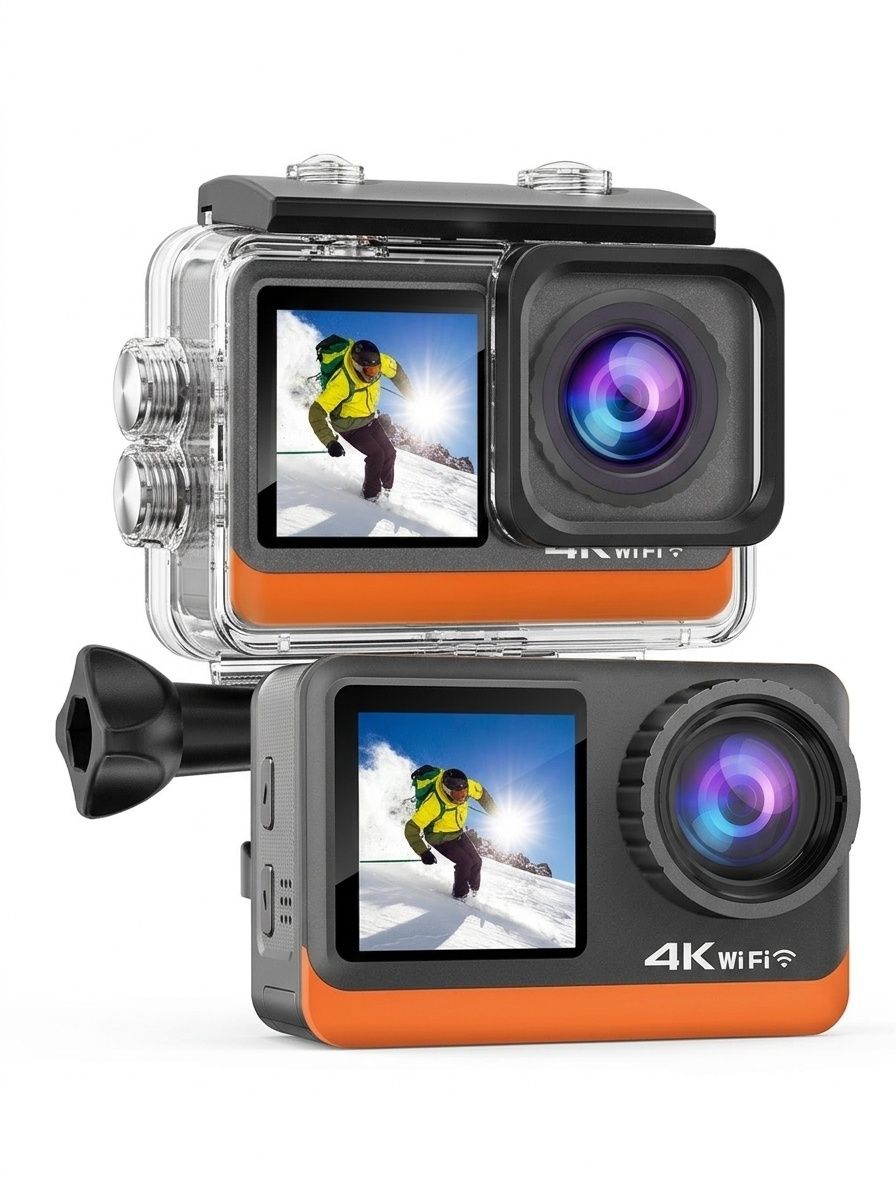 Cámara de acción 4K a 60 FPS, carcasa impermeable, doble pantalla, WiFi, 24 MP, cámara subacuática para vlogs de deportes extremos.