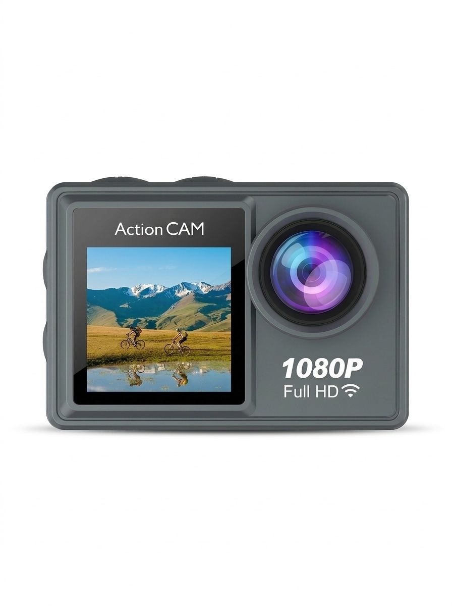 Cámara de acción Full HD 1080p, resistente al agua hasta 30 m, pantalla a color dual, gran angular de 140°, WiFi, cámara para vlogging deportivo al aire libre.