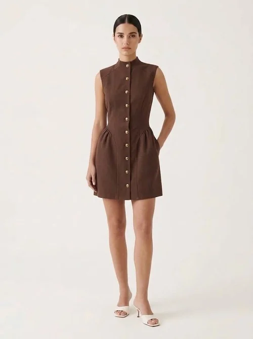 Sleeveless Mock Neck Button Down Mini Dress