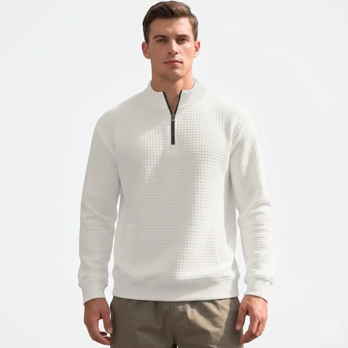 Sweat-shirt vintage décontracté pour homme en maille gaufrée à demi-zip