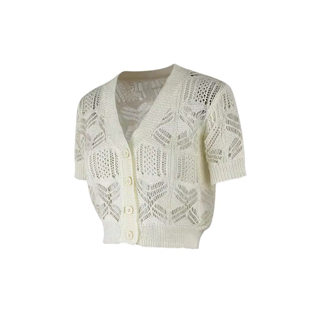 Knitted Crochet Cropped Cardigan - Lightweight Spring Summer Fall SSU-00117