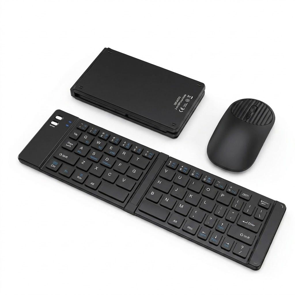 Ensemble clavier et souris Bluetooth pliables avec batterie de 90 heures, compatible avec plusieurs appareils.