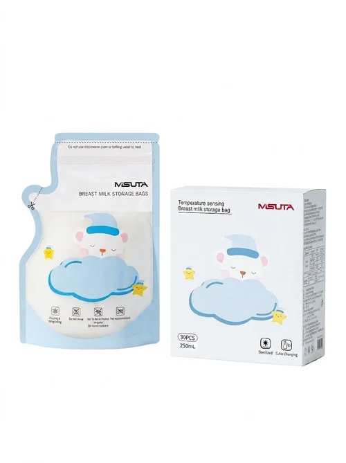 MISUTA Sacchetti per la conservazione del latte materno con sensore di temperatura, 250 ml, pre-sterilizzati, con indicatore termico, ideali per il congelamento (confezione da 30)