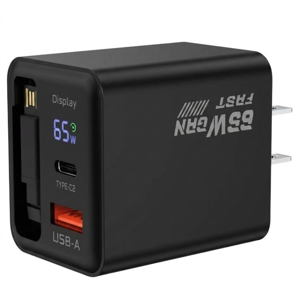 65W GaN Fast Charger with Digital Display and Retractable Cable
