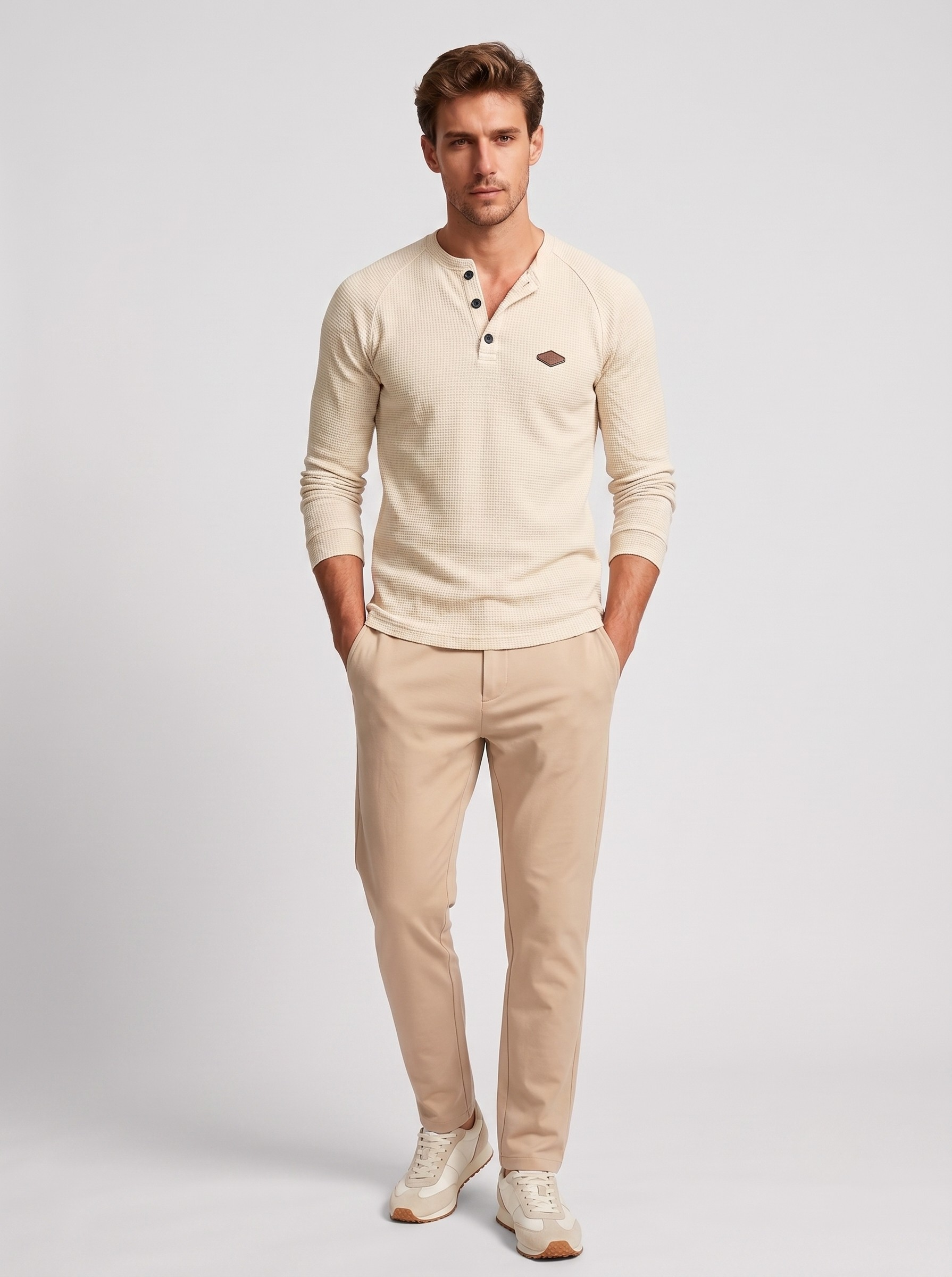 Waffle Knit Henley Shirt Long Sleeve Casual Top for Men