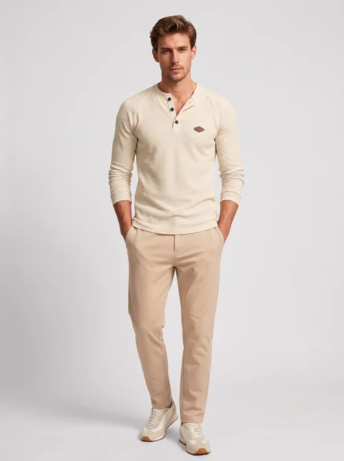 Waffle Knit Henley Shirt Long Sleeve Casual Top for Men