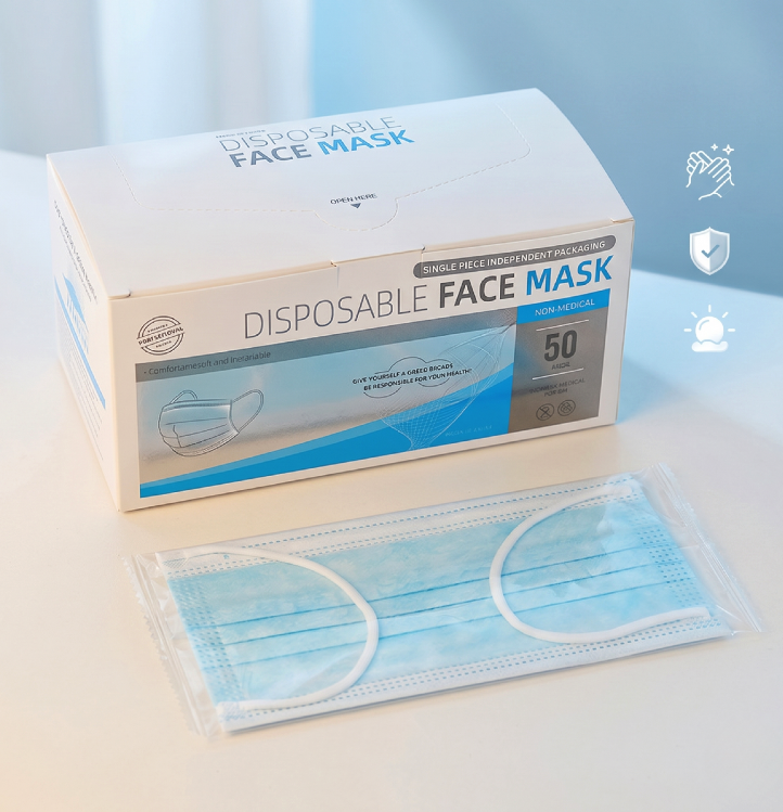 BFE≥95% Antivirus wegwerp gezichtsmaskers voor volwassenen, 3-laags, individueel verpakt, 50 stuks/doos