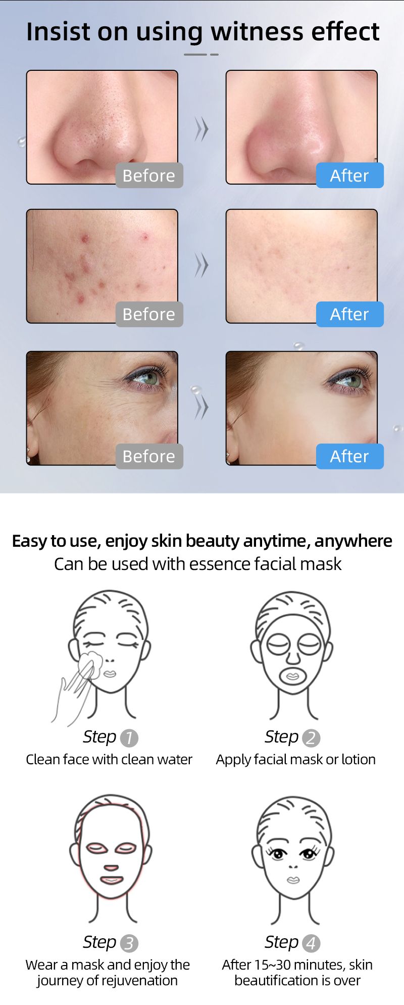 Ensemble de masques de rajeunissement de la peau par photons LED pour le visage et le cou - Flexible et portable