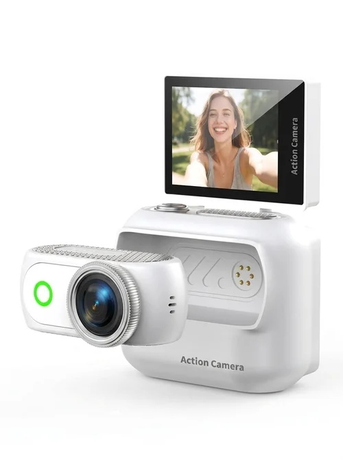 Mini 4K Action Camera with Flip Screen, Magnetic Mount, Up to 3 Hours Recording with Expansion Base