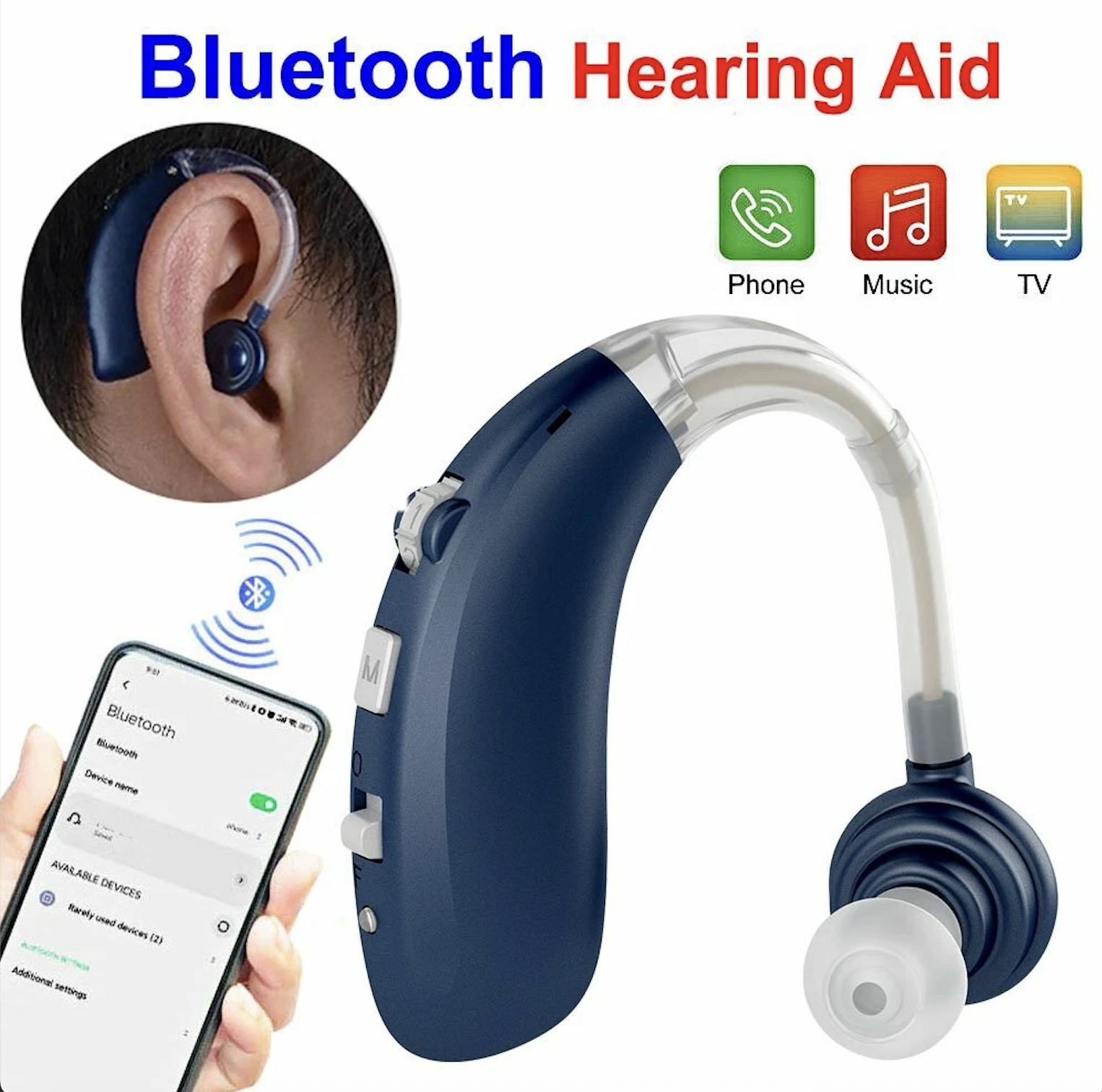 A-360B Blue Bluetooth Hearing Aid with 50H Battery & 3 Noise Modes - 6 Volume Levels #26240008