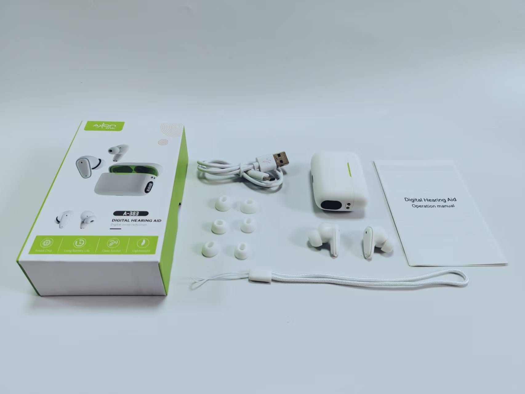 A-383 Pair White Easy Touch Hearing Aids LED Battery Display Rechargeable #26240013