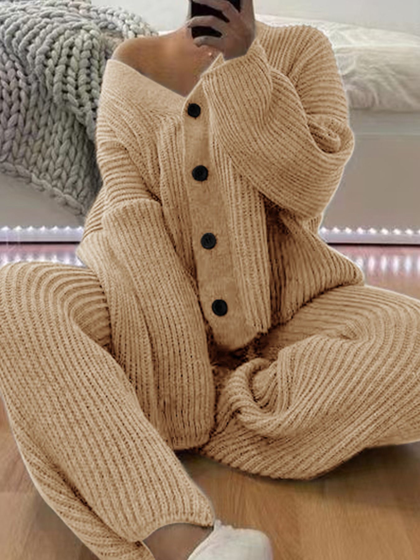 Knit Sweater Cardigan Pants Set Long Sleeve Autumn Spring