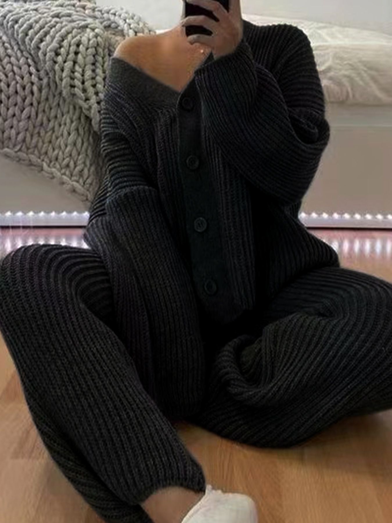 Knit Sweater Cardigan Pants Set Long Sleeve Autumn Spring