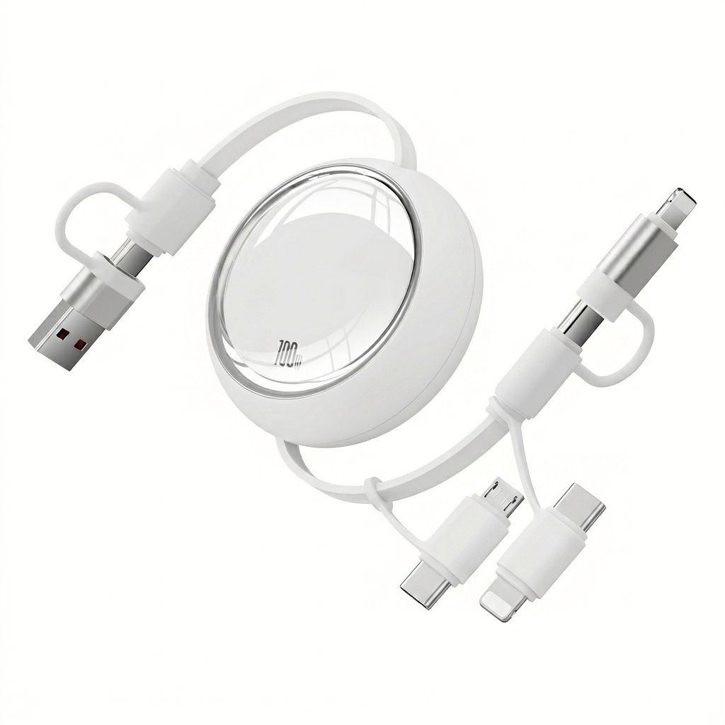 100W 4-in-1 Retractable Charging Cable, TPE Fast Charger Cord for Type-C, Lightning, Micro USB