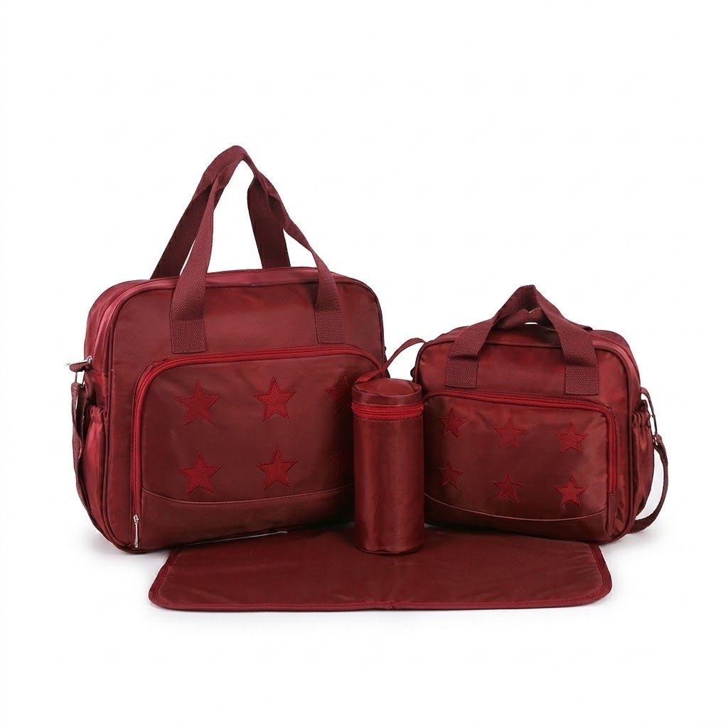 Set multi-pezzo con motivo a stelle per borsa fasciatoio, borsa da viaggio impermeabile con custodia termica per biberon, fasciatoio e pochette per accessori.