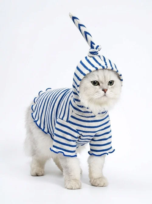 Striped Knitted Pet Hoodie with Pointed Cap for Dogs & Cats