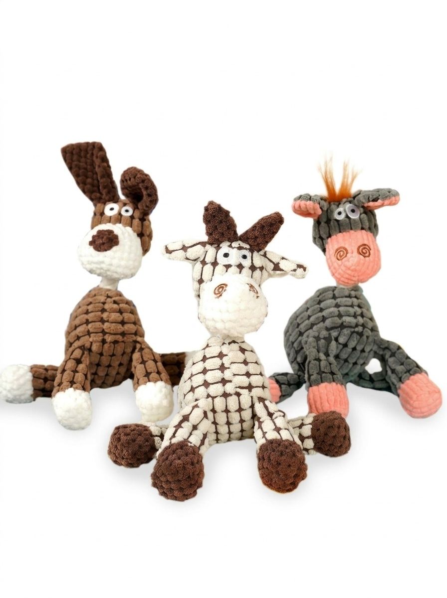 Textured Corduroy Plush Dog Toy with Squeaker and Rope Neck
