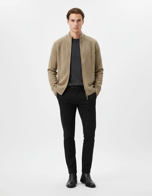 Men's Casual Autumn Cardigan with Lapel and High Neck Jacquard Knit