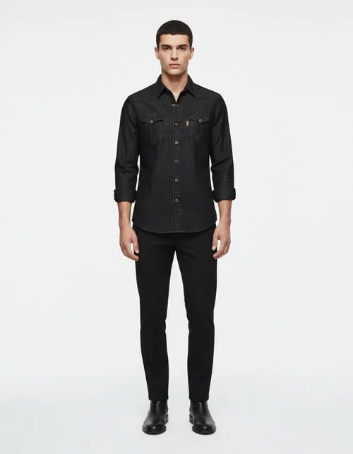 Solid Color Denim Long Sleeve Casual Men's Shirt