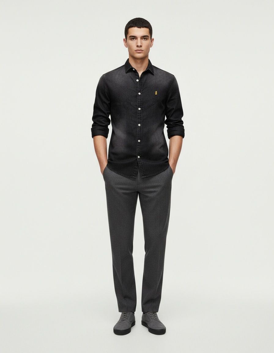 Casual Denim Solid Color Long Sleeve Men's Shirt