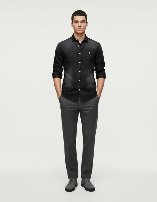 Casual Denim Solid Color Long Sleeve Men's Shirt