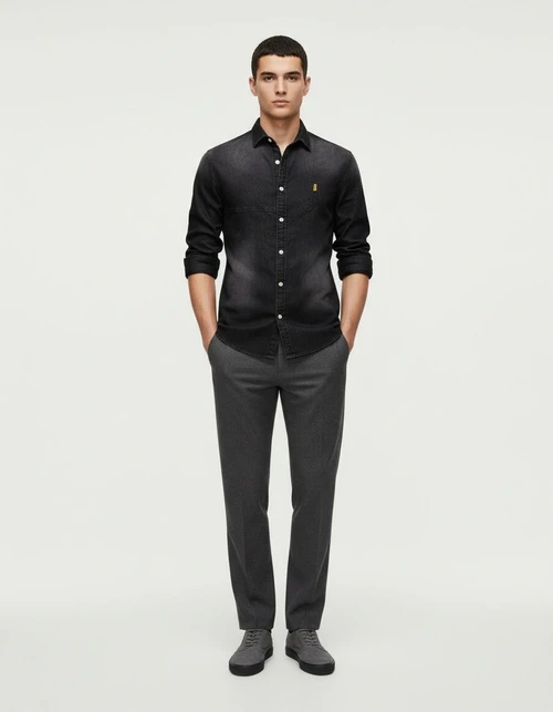 Casual Denim Solid Color Long Sleeve Men's Shirt