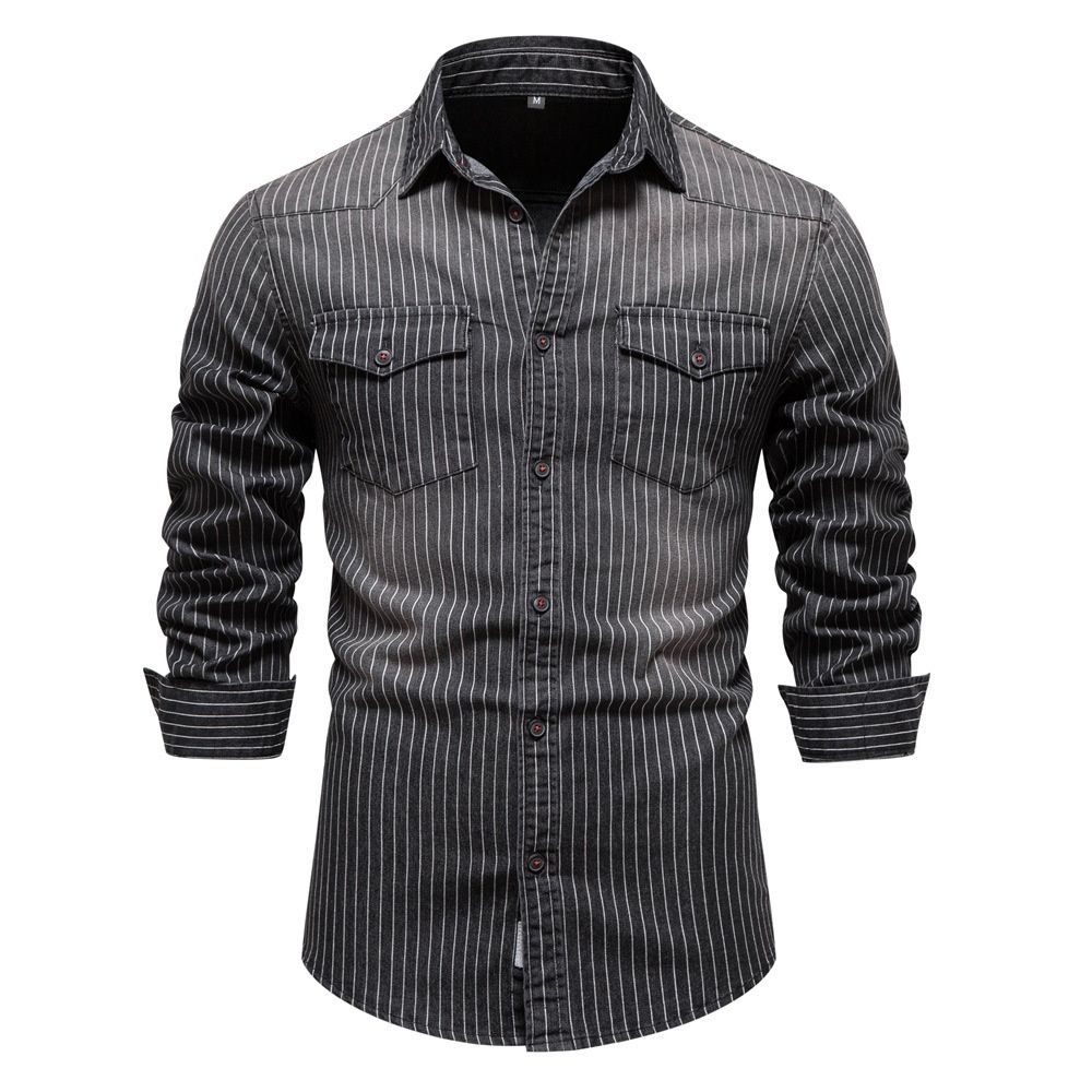 Washed Striped Long-Sleeve Men's Shirt with Distressed Detail