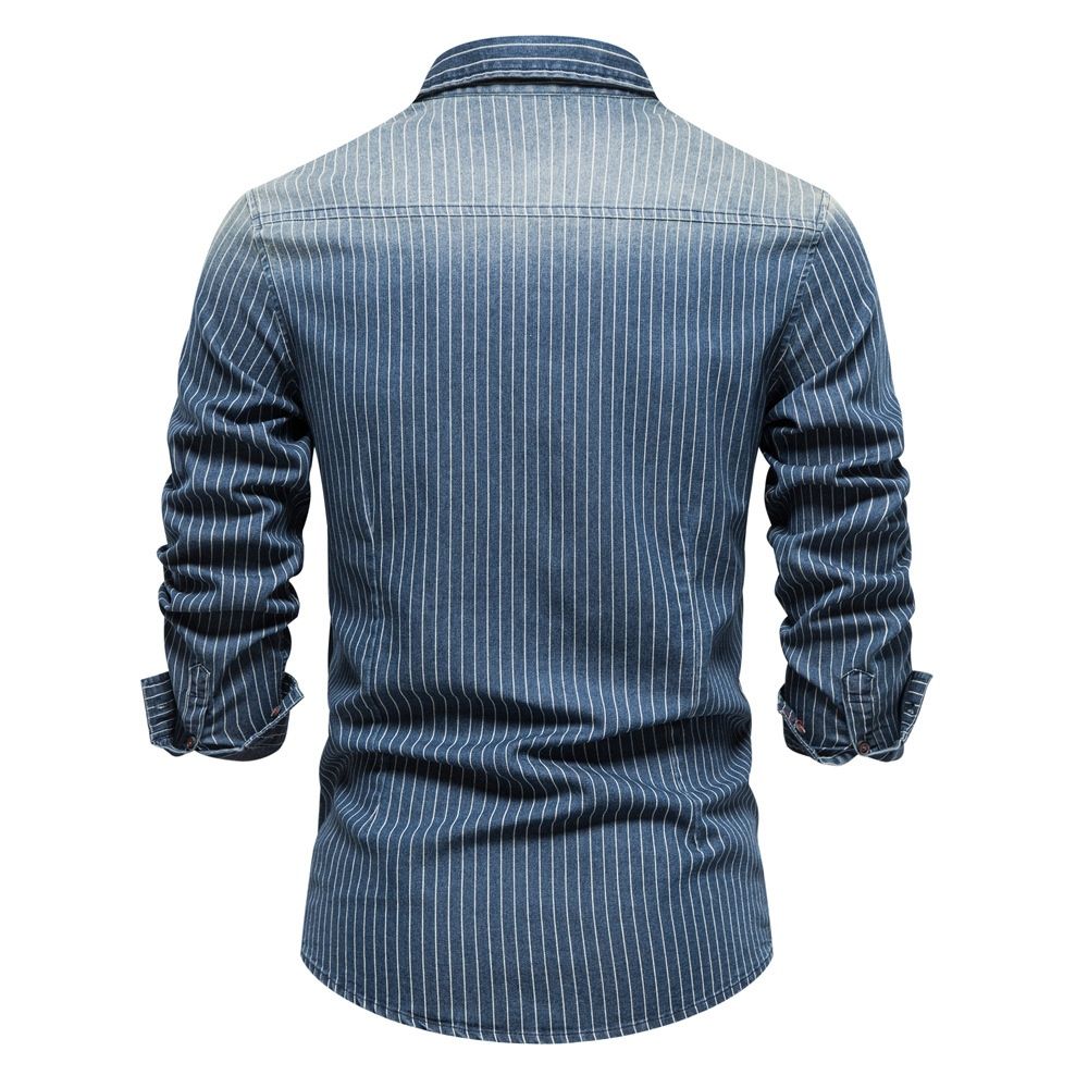 Washed Striped Long-Sleeve Men's Shirt with Distressed Detail