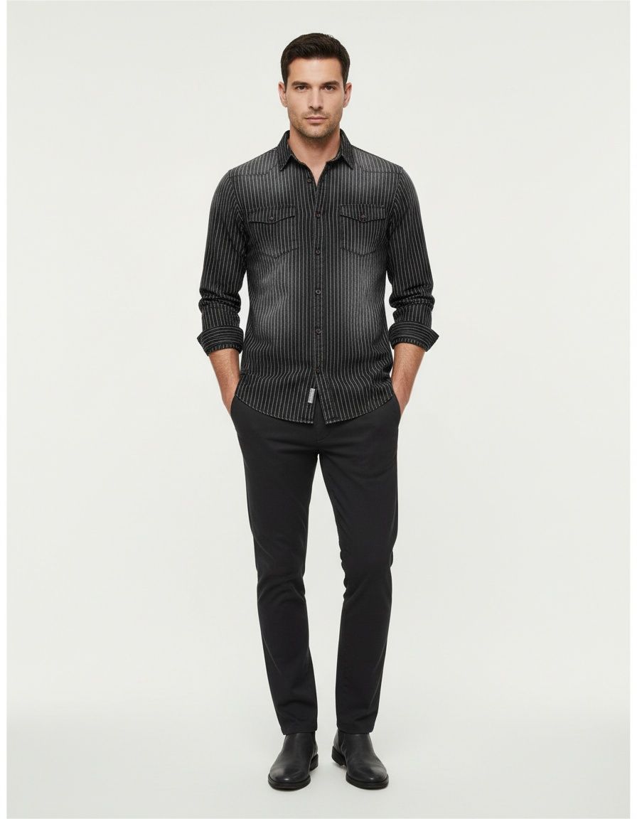 Washed Striped Long-Sleeve Men's Shirt with Distressed Detail