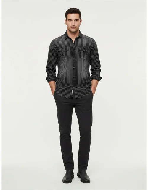 Washed Striped Long-Sleeve Men's Shirt with Distressed Detail